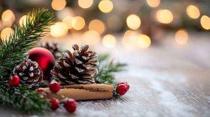 Aufkleber - Festive holiday decoration featuring pinecones red ornament and cinnamon sticks on a rustic wooden surface : Generative AI
