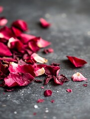 Poster - Delicate Rose Petals Spread Across a Textured Surface with Rich Colors and Soft Details : Generative AI