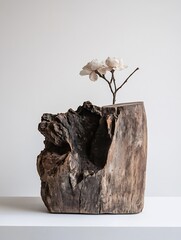 Poster - Artistic wooden sculpture with elegant flowers creating a modern aesthetic display : Generative AI