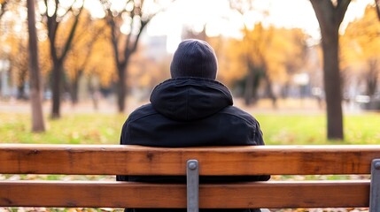 Poster - Contemplative person sitting on a park bench surrounded by vibrant autumn trees and leaves : Generative AI