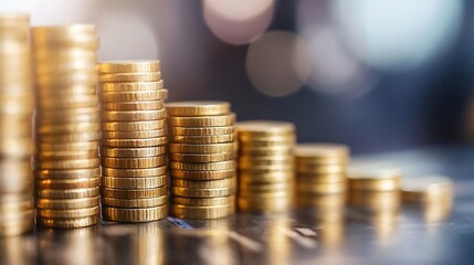 Fototapete - Stacks of shiny golden coins arranged in ascending order on a blurred background : Generative AI