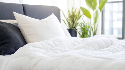 Aufkleber - Fresh and inviting bedroom scene featuring a comfortable bed with white bedding and plants in the background : Generative AI