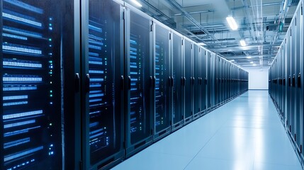 Aufkleber - Modern data center corridor featuring sleek servers and advanced technology in a welllit environment for enhanced connectivity : Generative AI