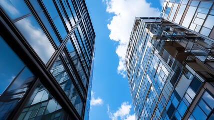Fototapete - Modern highrise buildings reflecting blue sky and clouds showcasing urban architecture : Generative AI