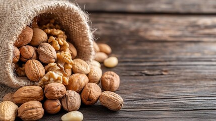 Poster - Aromatic selection of mixed nuts spilling from a jute bag on rustic wooden background : Generative AI