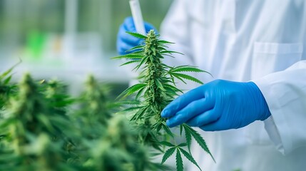 Poster - Scientist Inspecting Healthy Cannabis Plants in a Greenhouse Setting : Generative AI