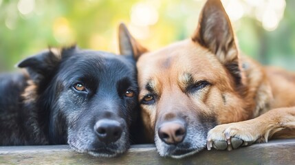Poster - Two affectionate dogs resting close together conveying companionship and loyalty in a serene outdoor setting : Generative AI