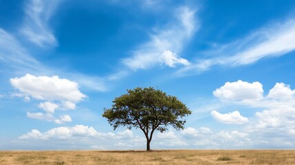 Aufkleber - Lone majestic tree standing tall under a beautiful blue sky with fluffy clouds : Generative AI