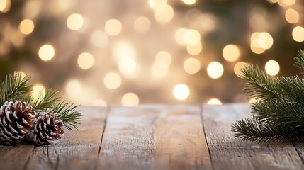 Aufkleber - Cozy wooden table adorned with pine cones and greenery against a backdrop of softly glowing Christmas lights : Generative AI