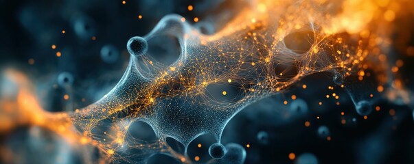 Poster - Abstract molecular structure with glowing connections and particles in atmospheric depth
