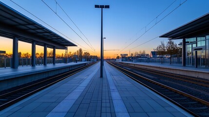 Aufkleber - Stunning empty train station at sunrise showcasing vibrant colors in the sky and wellmaintained platforms : Generative AI