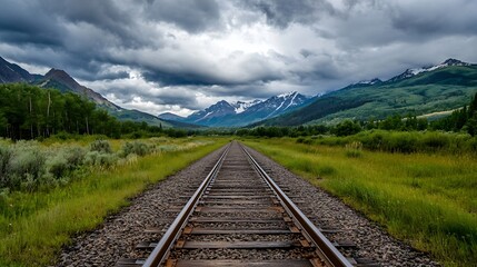 Poster - Rustic railway tracks surrounded by lush greenery and mountains under a cloudy sky : Generative AI