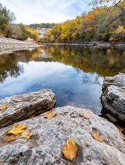 Poster - Tranquil river scene in autumn showcasing colorful trees and calm water reflecting nature's beauty : Generative AI
