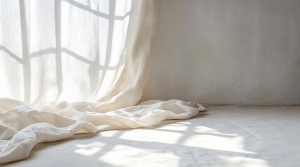 Leinwandbilder - Soft natural light filtering through sheer curtain creating delicate shadow patterns on white floor : Generative AI