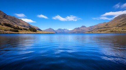 Poster - Breathtaking panoramic view of a serene lake surrounded by majestic mountains under a clear blue sky : Generative AI