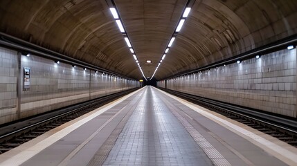 Aufkleber - Wide empty subway station tunnel illuminated by bright lights creating a dramatic effect : Generative AI