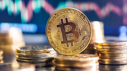 Aufkleber - Close up of golden Bitcoin coin on piles of coins with trading graph in the background : Generative AI