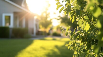 Aufkleber - Sunny suburban garden with sunlight filtering through lush green leaves creating a warm atmosphere : Generative AI