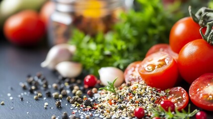 Poster - Fresh organic tomatoes and spices artistically arranged on a dark surface creating a vibrant culinary display : Generative AI