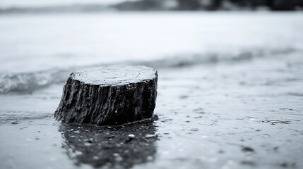 Poster - A solitary wooden log partially submerged in calm water creating a serene natural scene : Generative AI