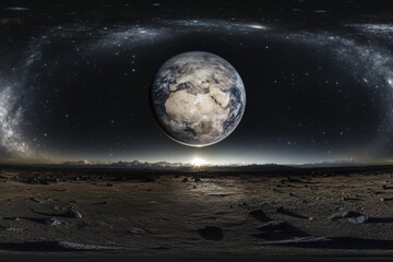 Wall Mural - space image of earth from the moon with night sky and stars. earth is seen at sunrise or sunset agai