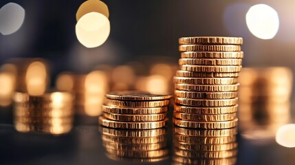 Fototapete - Glittering stacks of gold coins gleaming in soft light creating an elegant financial backdrop : Generative AI