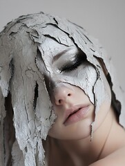 Poster - Artistic portrait of a woman with striking painted face and textured overlay capturing raw emotion : Generative AI