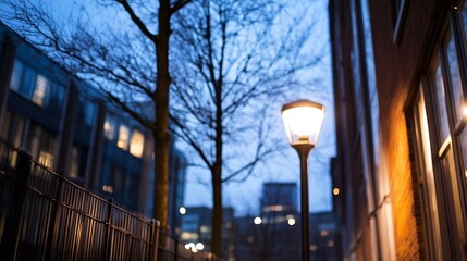 Aufkleber - Mysterious nighttime street scene with glowing street lamp illuminating a quiet urban alleyway during winter : Generative AI