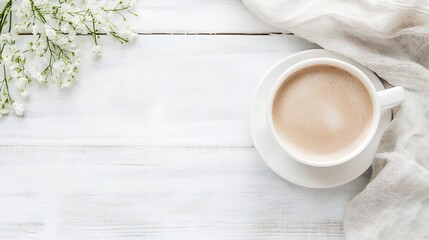 Aufkleber - Cozy cup of coffee on wooden table surrounded by delicate flowers and textured fabric for a warm atmosphere : Generative AI