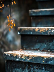 Aufkleber - CloseUp View of Old Rusty Steps Covered in Leaves and Textures with a Soft Focus on Background : Generative AI
