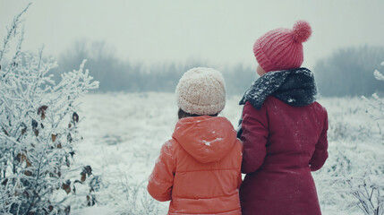 Poster - mother and daughter wearing winter clothes enjoying a snowy landscape during a relaxing winter walk