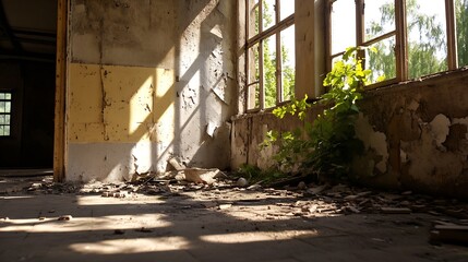 Aufkleber - Abandoned interior featuring light streaming through windows with overgrown greenery inside : Generative AI