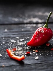 Aufkleber - Fresh red chili peppers sprinkled with coarse sea salt atop a rustic black wooden surface : Generative AI