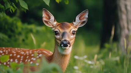 Poster - Beautiful closeup of a young deer in lush green foliage with soft focus on a sunny day : Generative AI