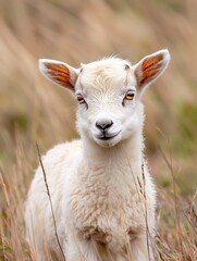 Poster - Adorable baby goat with soft fluffy fur and bright eyes standing in a grassy field : Generative AI
