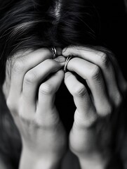 Poster - Introspective portrait of a person holding their head in despair captured in black and white : Generative AI