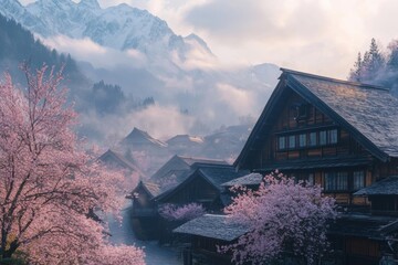 Poster - Cherry blossoms in a serene Japanese village surrounded by mountains during early morning light. Generative AI