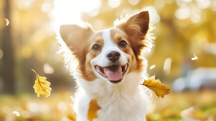Aufkleber - A playful dog with a joyful expression surrounded by autumn leaves in warm sunlight : Generative AI