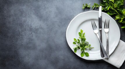 Aufkleber - Minimalist table setting with fresh herbs on a plate showcasing the art of healthy dining : Generative AI