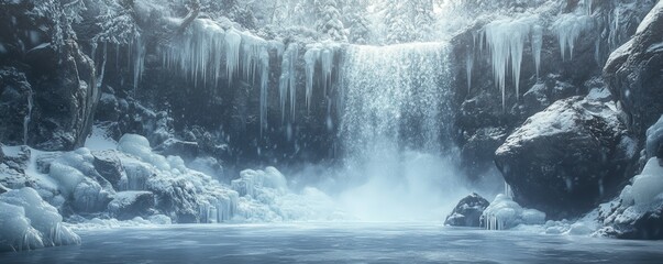 Wall Mural - Majestic frozen waterfall cascading into icy pool in winter wonderland