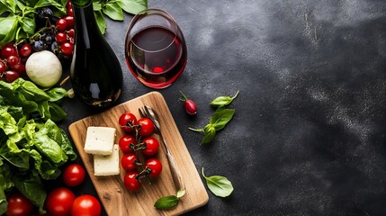 Aufkleber - Fresh Ingredients Displayed on a Dark Surface with Wine Glass and Vegetables : Generative AI