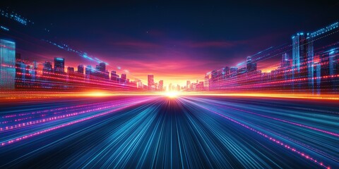 Poster - Vibrant city skyline illuminated by dynamic light trails at sunset with a futuristic feel