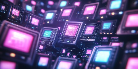 Poster - Vibrant retro computers floating in a digital space