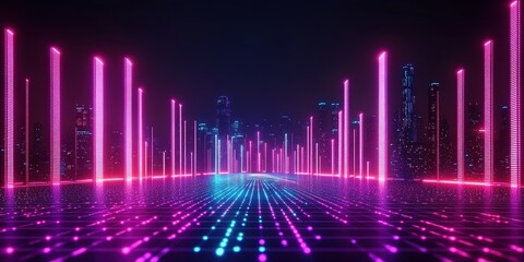 Poster - Colorful neon lights illuminate a futuristic cityscape at night with bright vertical pillars and glowing ground patterns