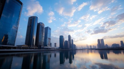 Aufkleber - Futuristic cityscape at dawn with sleek skyscrapers reflecting on calm waters creating a glowing ambiance : Generative AI