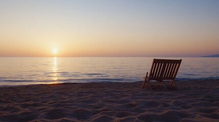 Poster - Peaceful beach scene featuring a lone chair watching the sunset over calm ocean waters : Generative AI
