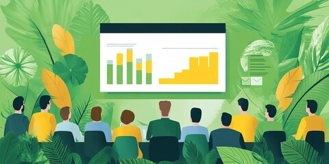 Poster - Group of people attending a presentation on growth metrics in a green and lively environment