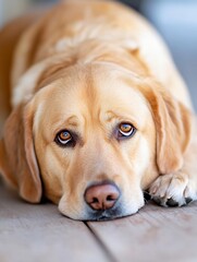 Poster - Expression of a gentle and affectionate golden retriever laying down with soulful eyes on a wooden floor : Generative AI