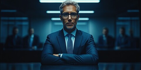 Poster - Business executive conducting important meeting in modern office setting with focused demeanor