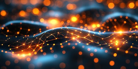 Poster - Beautiful abstract illustration of glowing lines and particles in dark waves representing connectivity or digital landscape